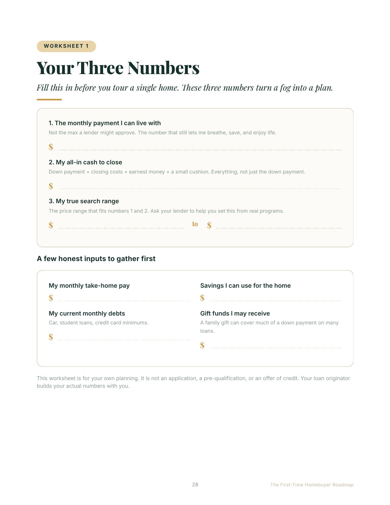 Your Three Numbers worksheet, filled in before you tour a single home.